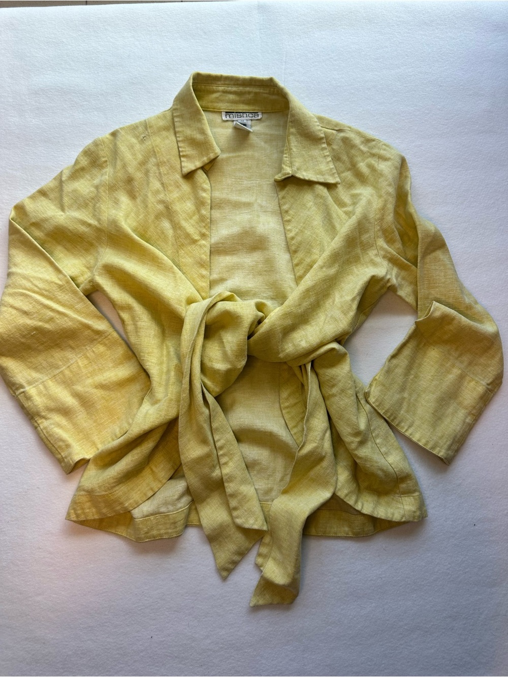 Mishca Yellow Linen Blend Tie Front Long Sleeve Blouse